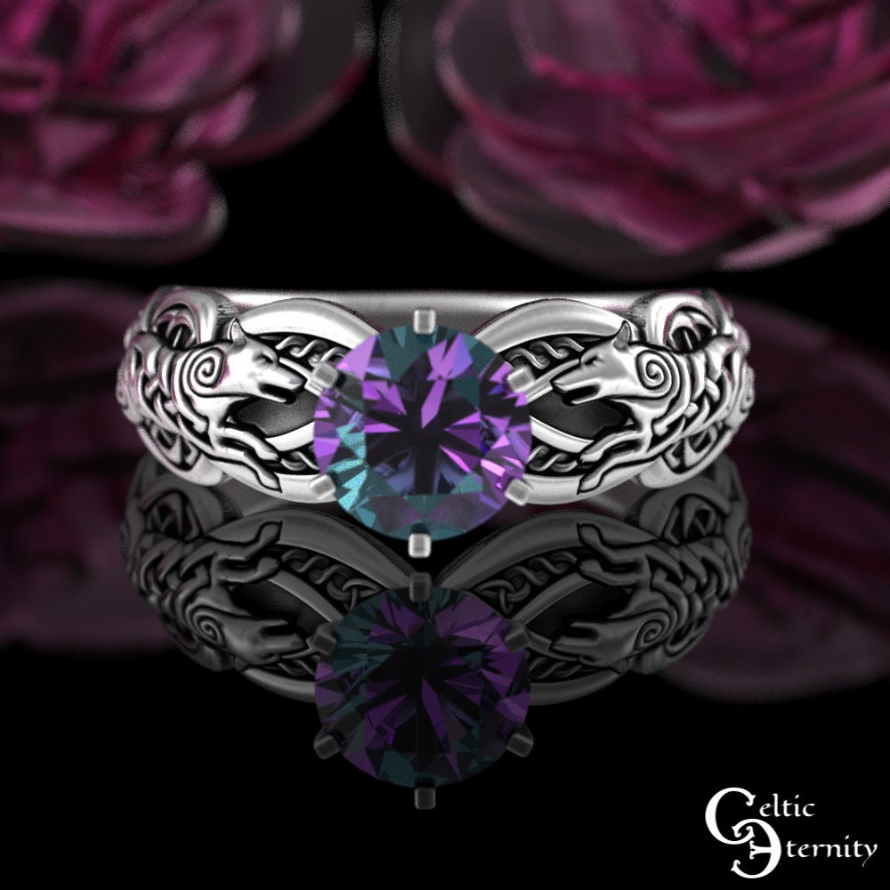 Viking Wolf Ring - Sterling Viking Wolf Solitaire Ring, Alexandrite Mated For Life Ring, Silver