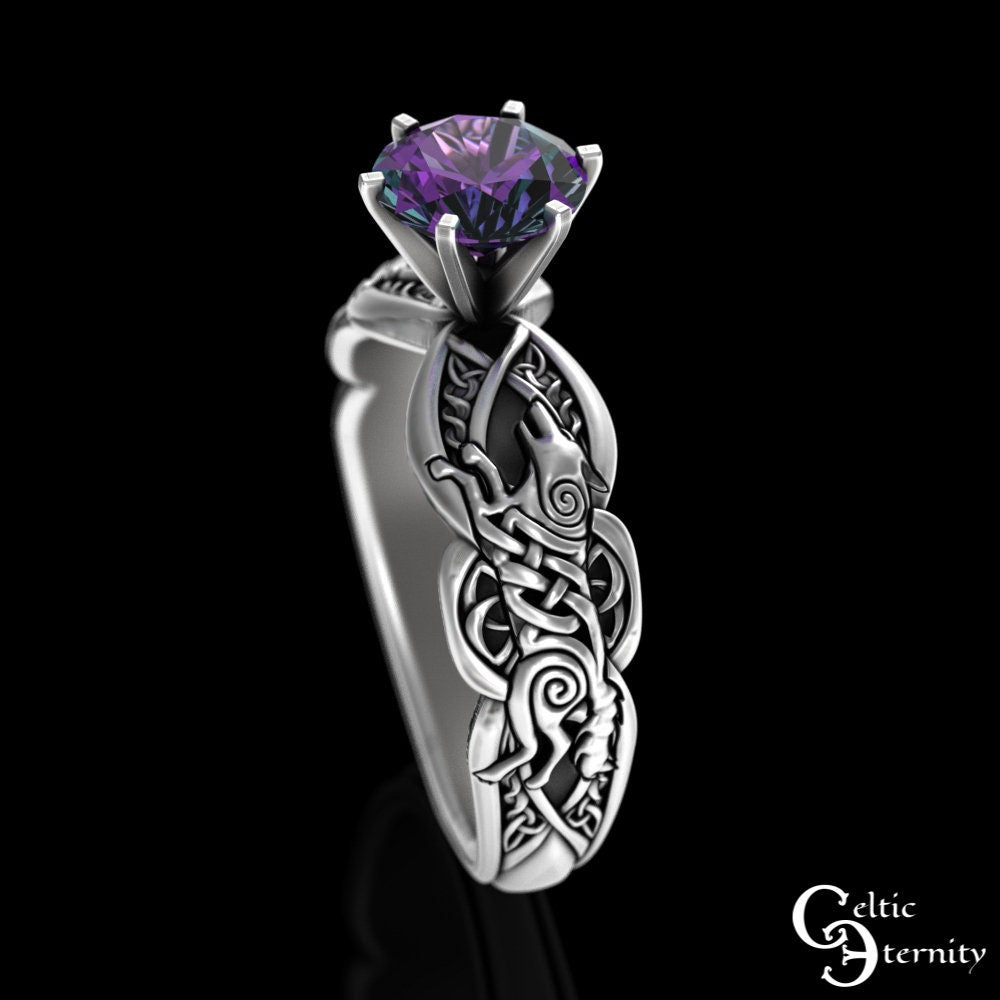 Viking Wolf Ring - Sterling Viking Wolf Solitaire Ring, Alexandrite Mated For Life Ring, Silver