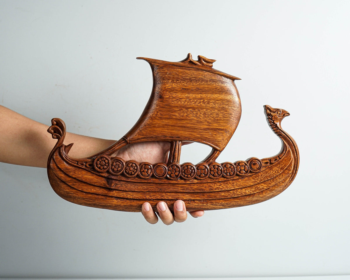 Viking Home Decor - Viking Ship Wooden Sculpture, Nordic Longboat Table Decor, Medieval Boat