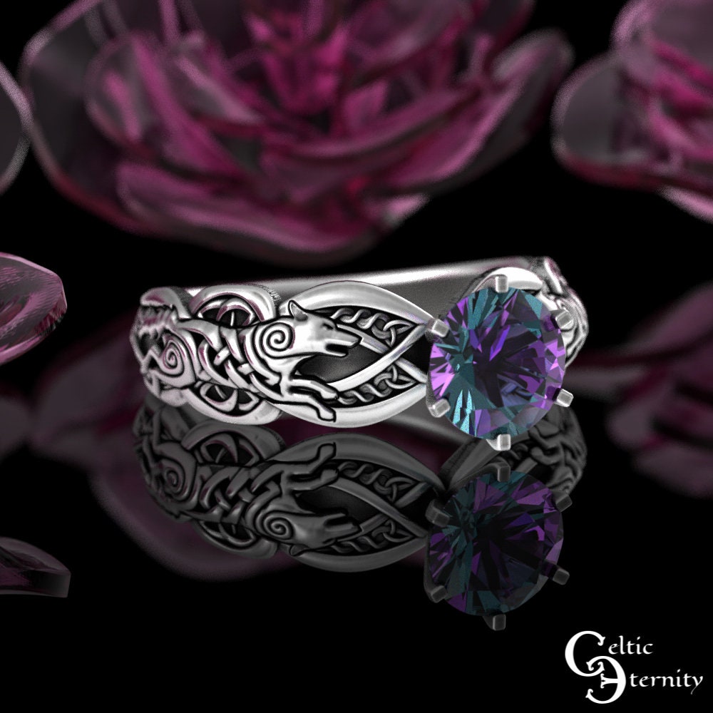 Viking Wolf Ring - Sterling Viking Wolf Solitaire Ring, Alexandrite Mated For Life Ring, Silver