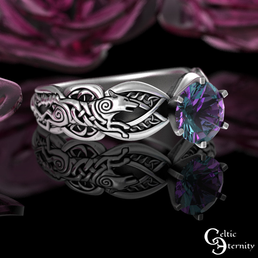 Viking Wolf Ring - Sterling Viking Wolf Solitaire Ring, Alexandrite Mated For Life Ring, Silver