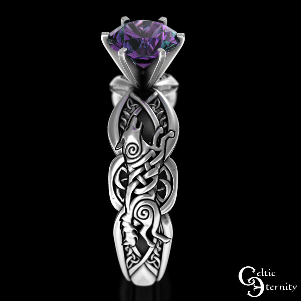 Viking Wolf Ring - Sterling Viking Wolf Solitaire Ring, Alexandrite Mated For Life Ring, Silver