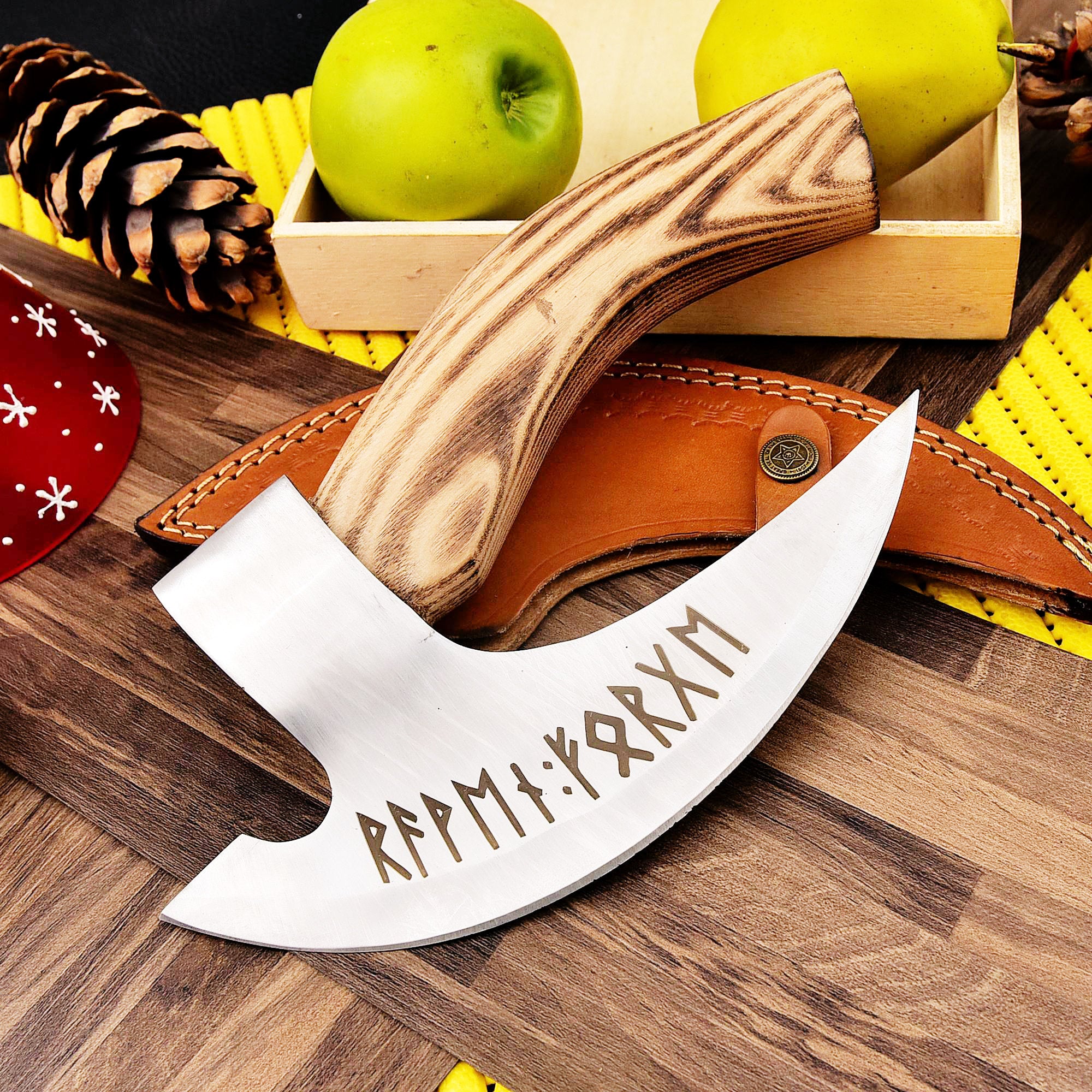 Viking Weapon Replica - Hand Forged Viking Pizza Axe, Rosewood Ash Handle, Leather Sheath
