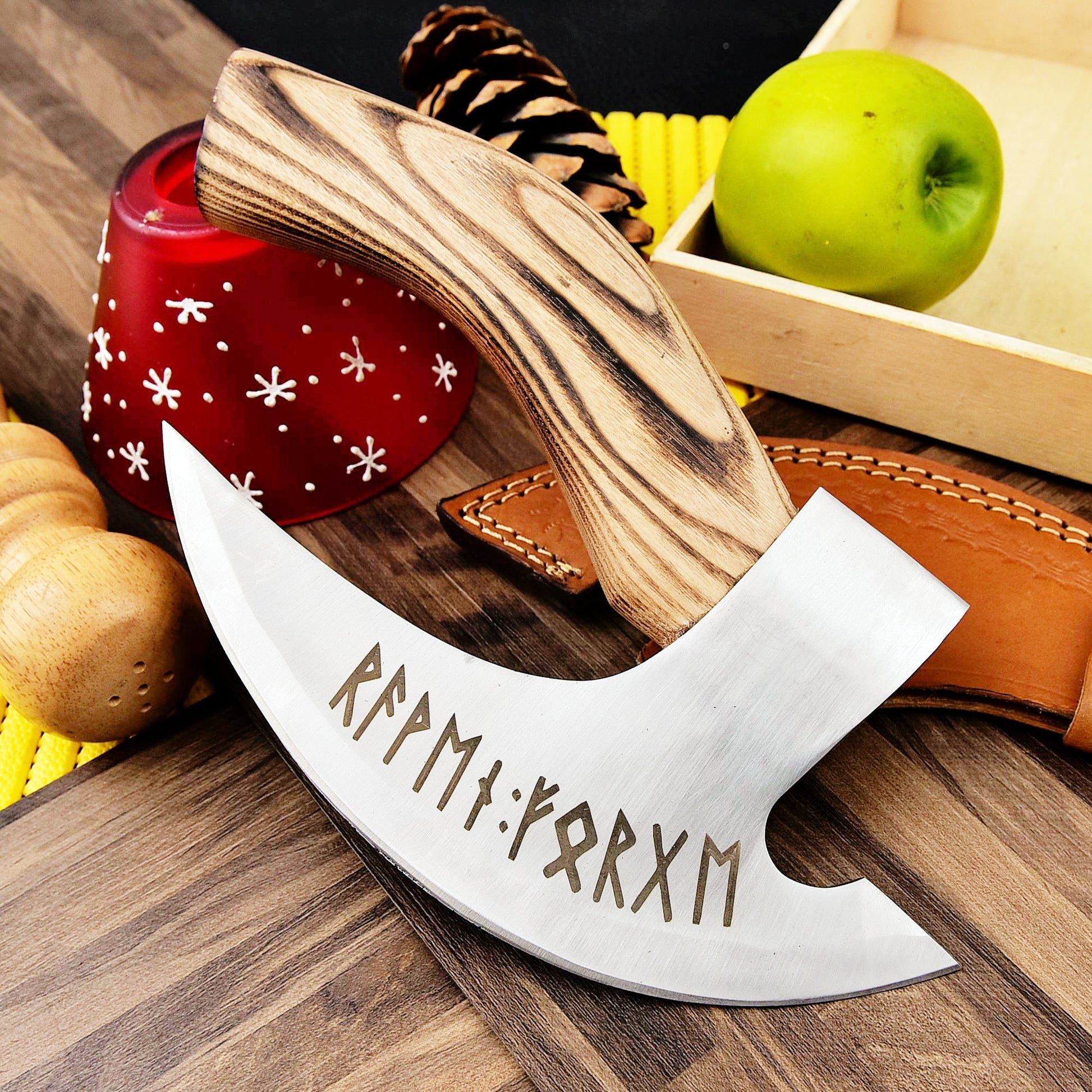 Viking Weapon Replica - Hand Forged Viking Pizza Axe, Rosewood Ash Handle, Leather Sheath