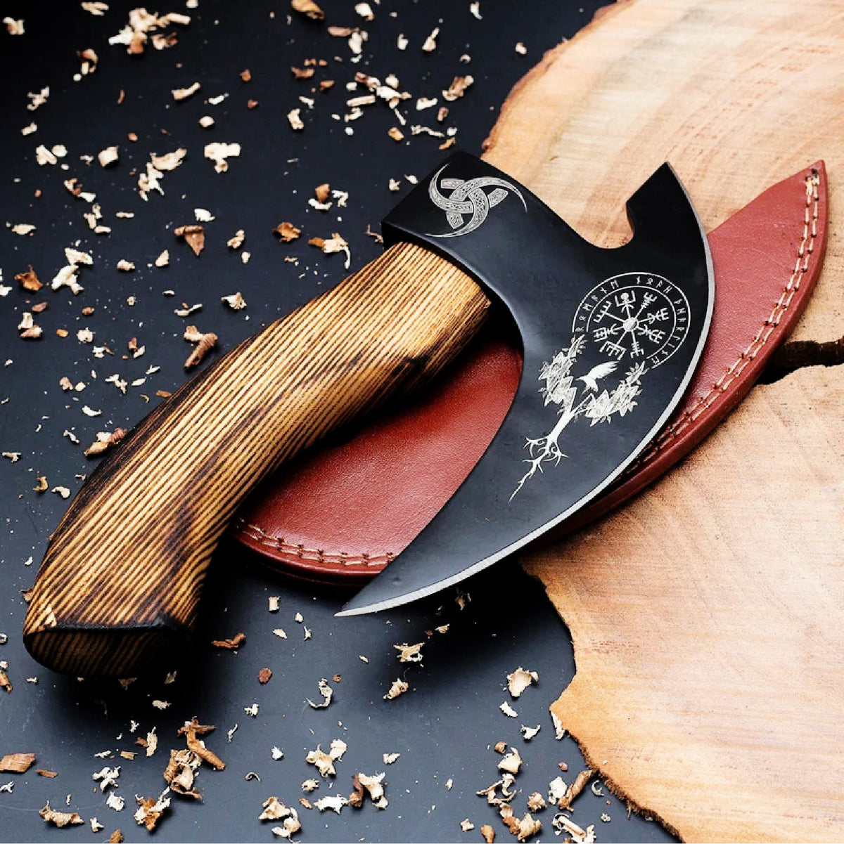 Viking Weapon Replica - Hand Forged Viking Pizza Axe, Rosewood Ash Handle, Leather Sheath