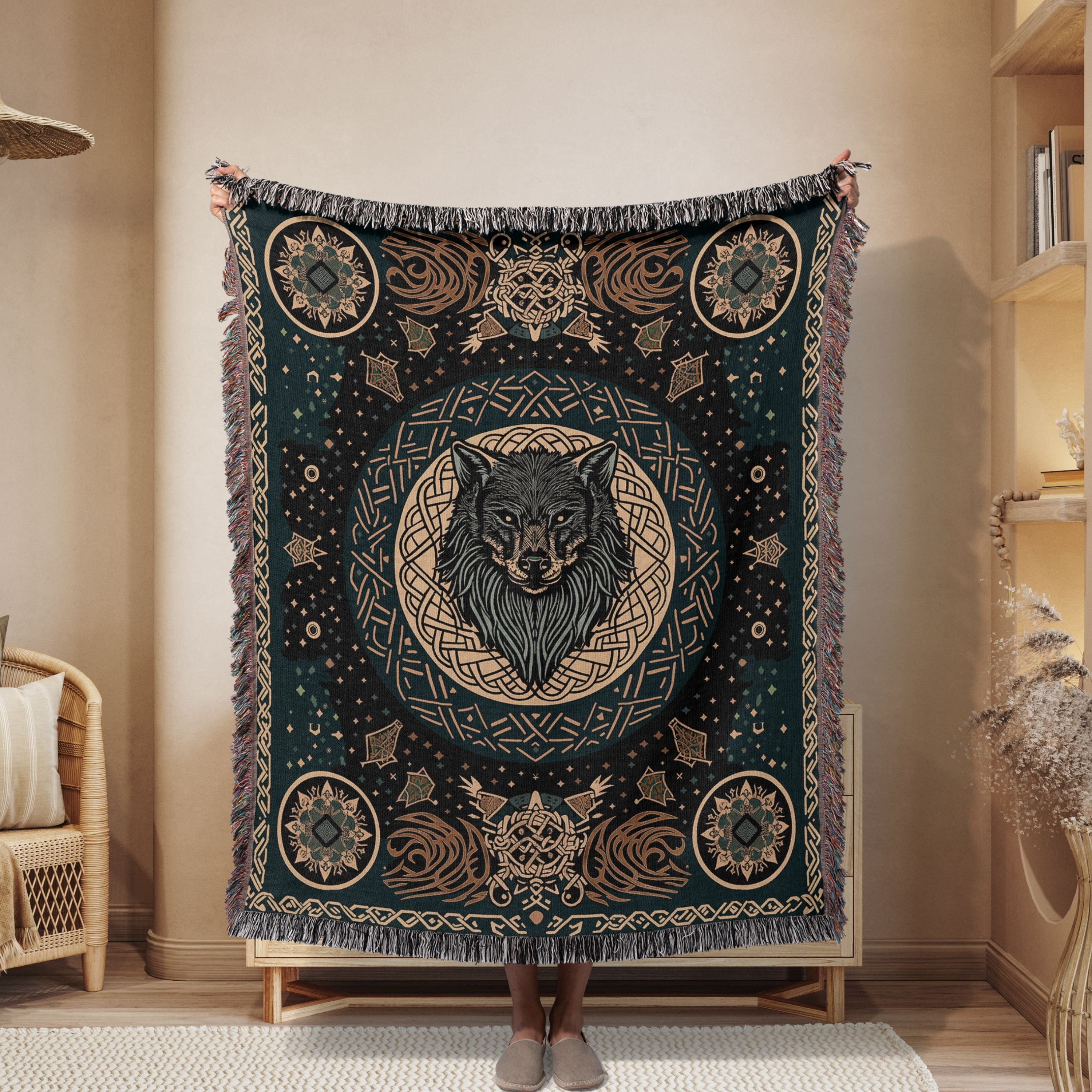 Viking Wolf Blanket - Norse Tree of Life Woven Blanket, Yggdrasil Raven and Wolf Tapestry Throw