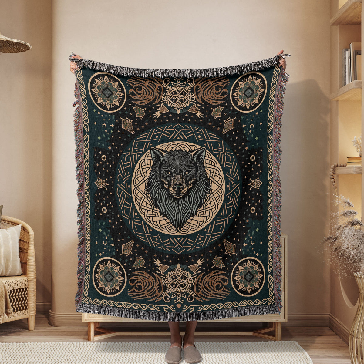 Viking Wolf Blanket - Norse Wolf Fenrir Woven Blanket, Wolf Woven Throw Blanket, Norse Style Woven