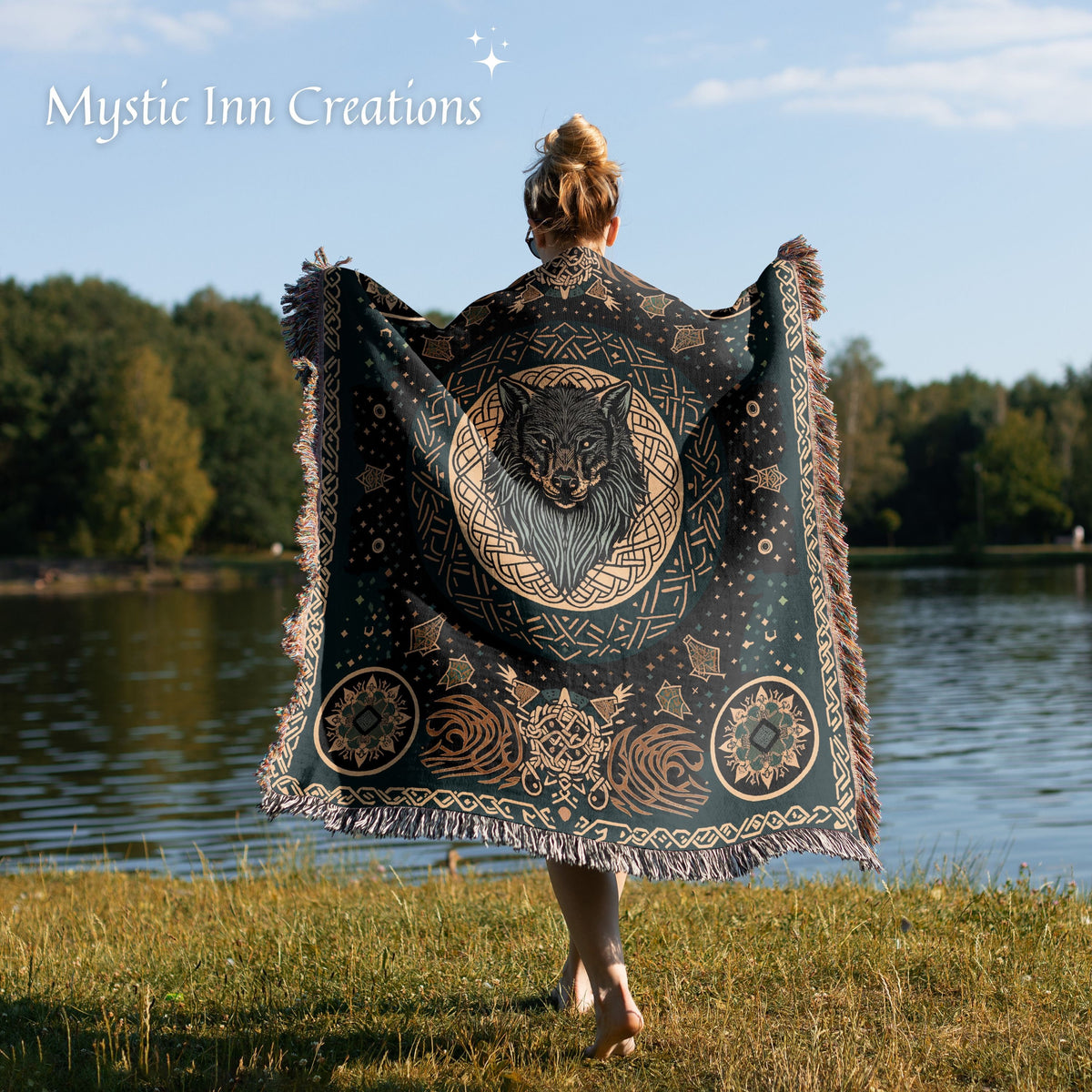 Viking Wolf Blanket - Norse Wolf Fenrir Woven Blanket, Wolf Woven Throw Blanket, Norse Style Woven