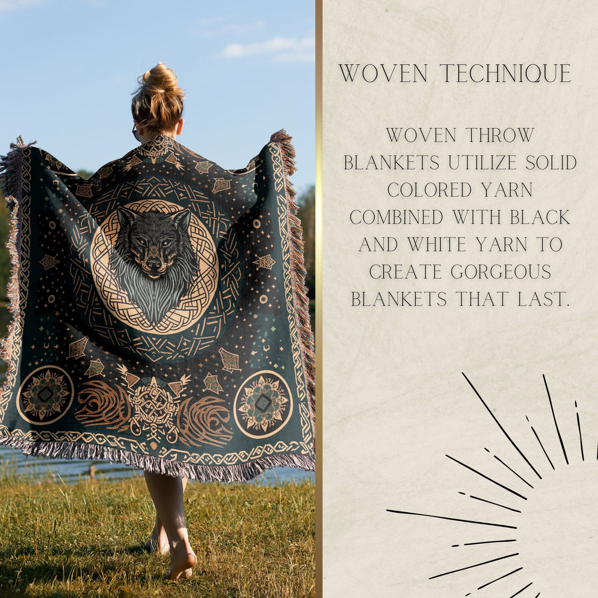 Viking Wolf Blanket - Norse Wolf Fenrir Woven Blanket, Wolf Woven Throw Blanket, Norse Style Woven