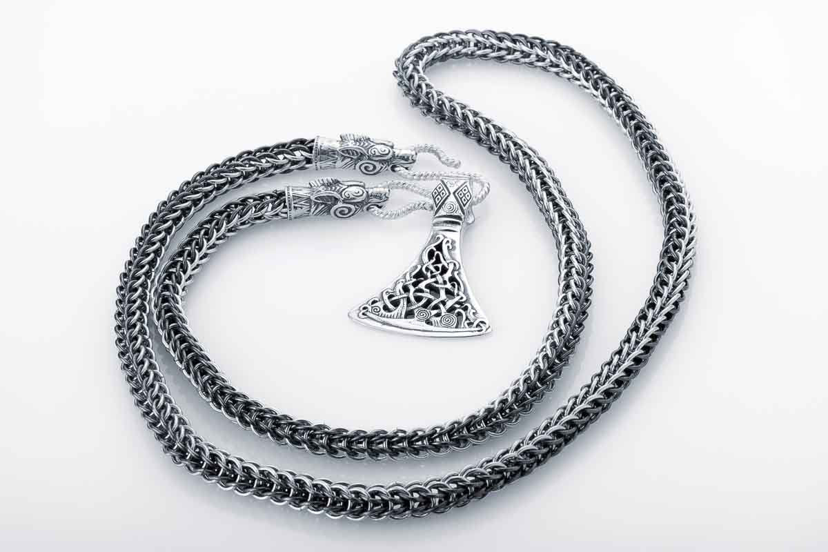 Viking Wolf Necklace - Silver Link Chain - Men's Norse Chain for Necklace with Wolf Heads