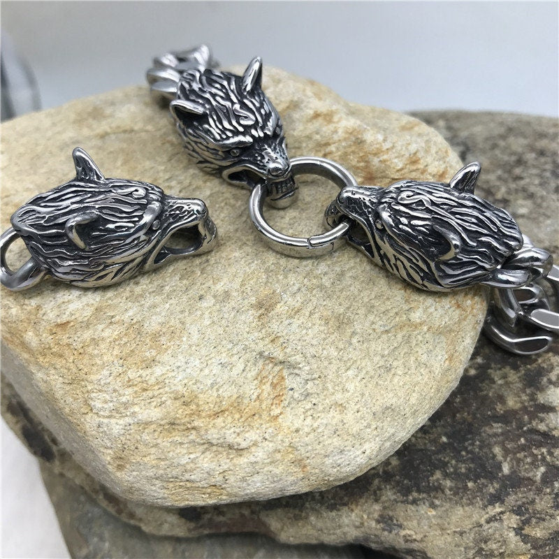 Viking Thor's Hammer Necklace - Men Stainless Steel Wolf Head Norse Viking Amulet Thor Mjolnir