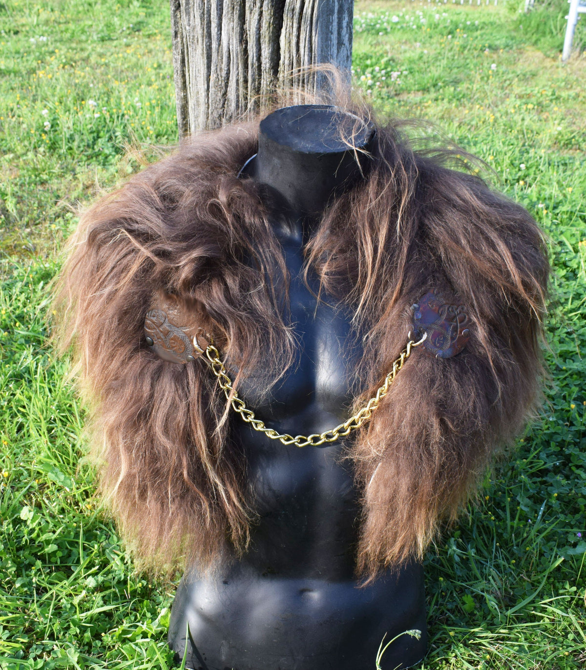 Viking Jacket - Viking Shoulder Fur Cape – Islandic Brown Sheepskin Collar with dragon leather