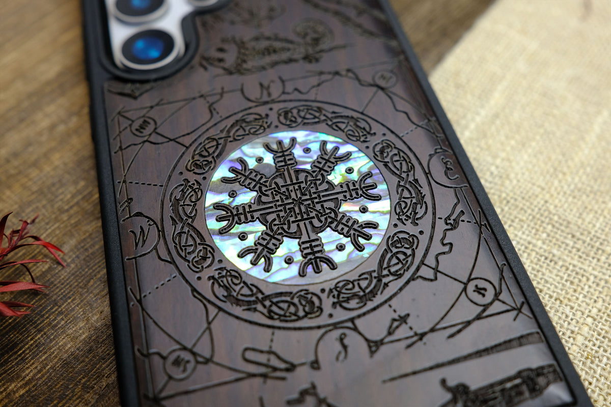 Viking Weapon Replica - Viking Valor: The Shield of Dragons and Awe, Hand-Inlaid Wood & Mother of