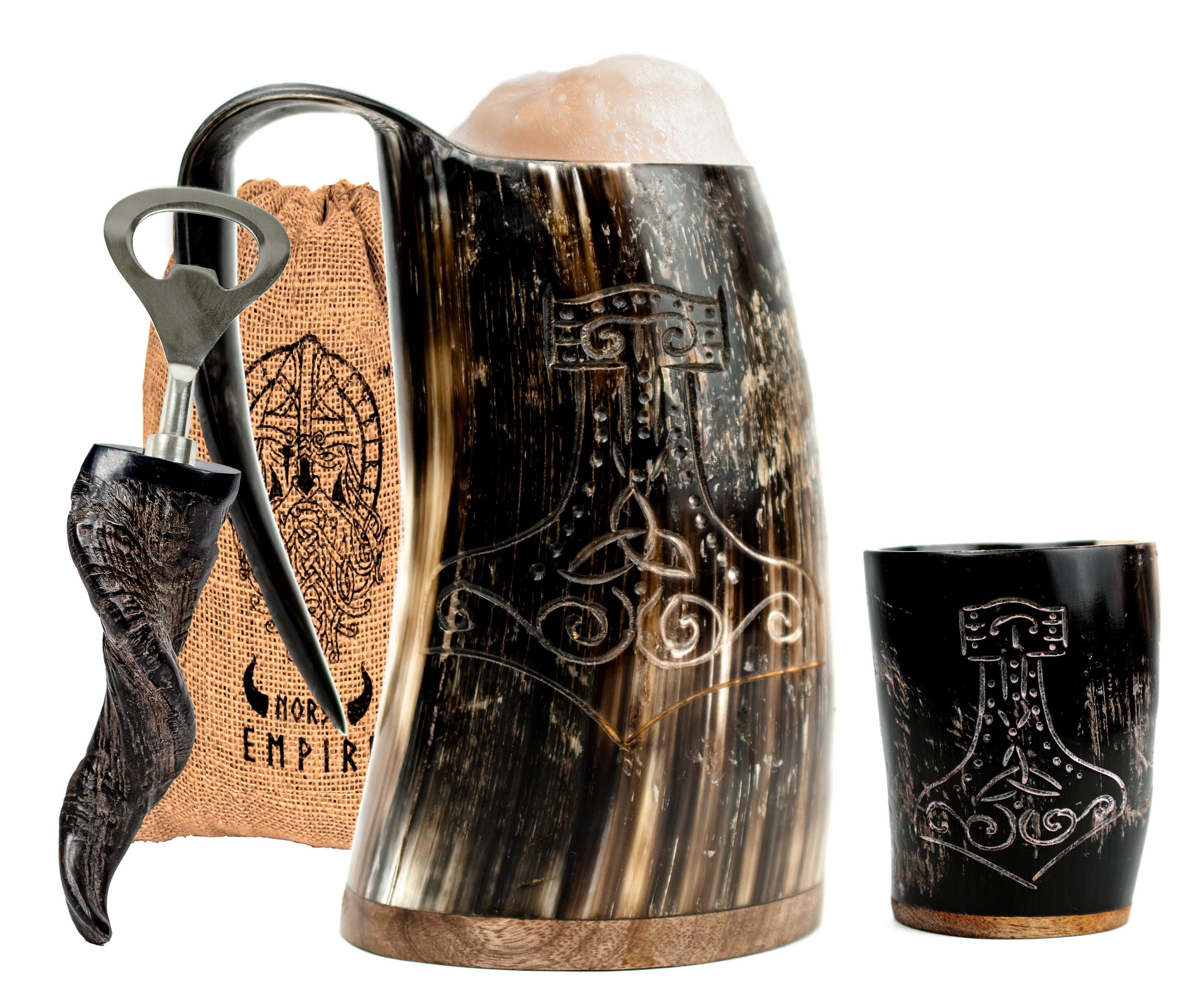 Viking Mug - SCA Viking Fireworks Print Drinking Horn w/ Leather Holster Fireworks Party Sparklers