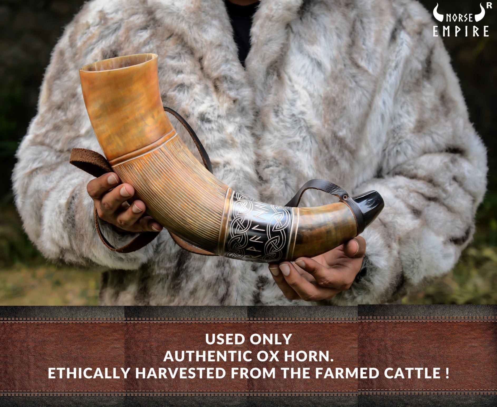 Viking Wolf Weapon Replica - Norse Viking War Horn, Handmade Engraved Wolf Ox Horn, Leather Strap