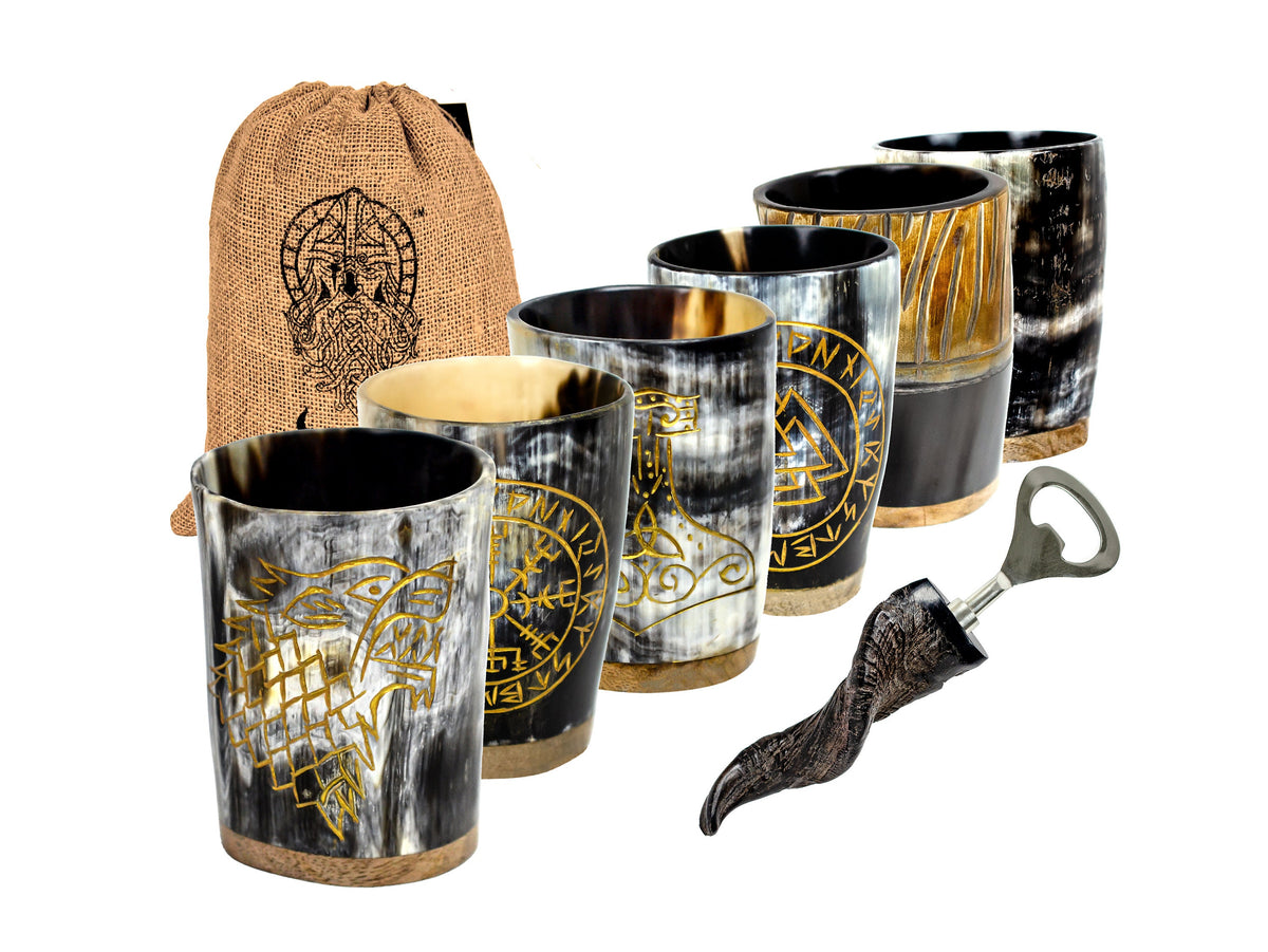 Viking Longship Mug - Hand-Carved Drakkar Viking Horn Mug - Authentic Medieval Mead Tankard, Rustic