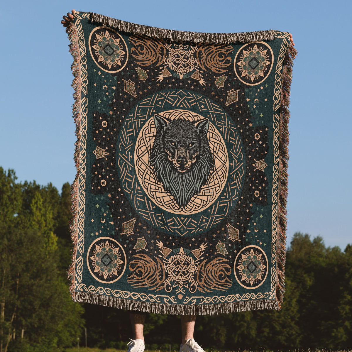 Viking Wolf Blanket - Norse Wolf Fenrir Woven Blanket, Wolf Woven Throw Blanket, Norse Style Woven