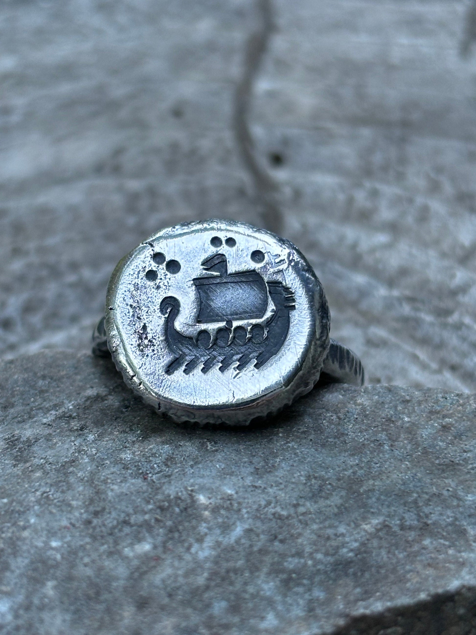 Viking Longship Ring, Oxidized Sterling Silver Band, Ocean Wave Jewelry
