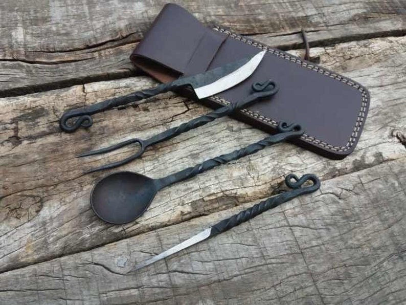Viking Leather Accessory - Hand Forged Viking Cutlery Set – High Carbon Steel Medieval Utensils Set