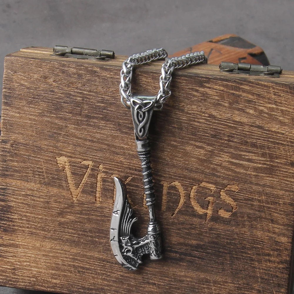 Viking Wolf Necklace - Men's Titanium Steel Viking Wolf Axe Pendant Necklace, Norse Mythology