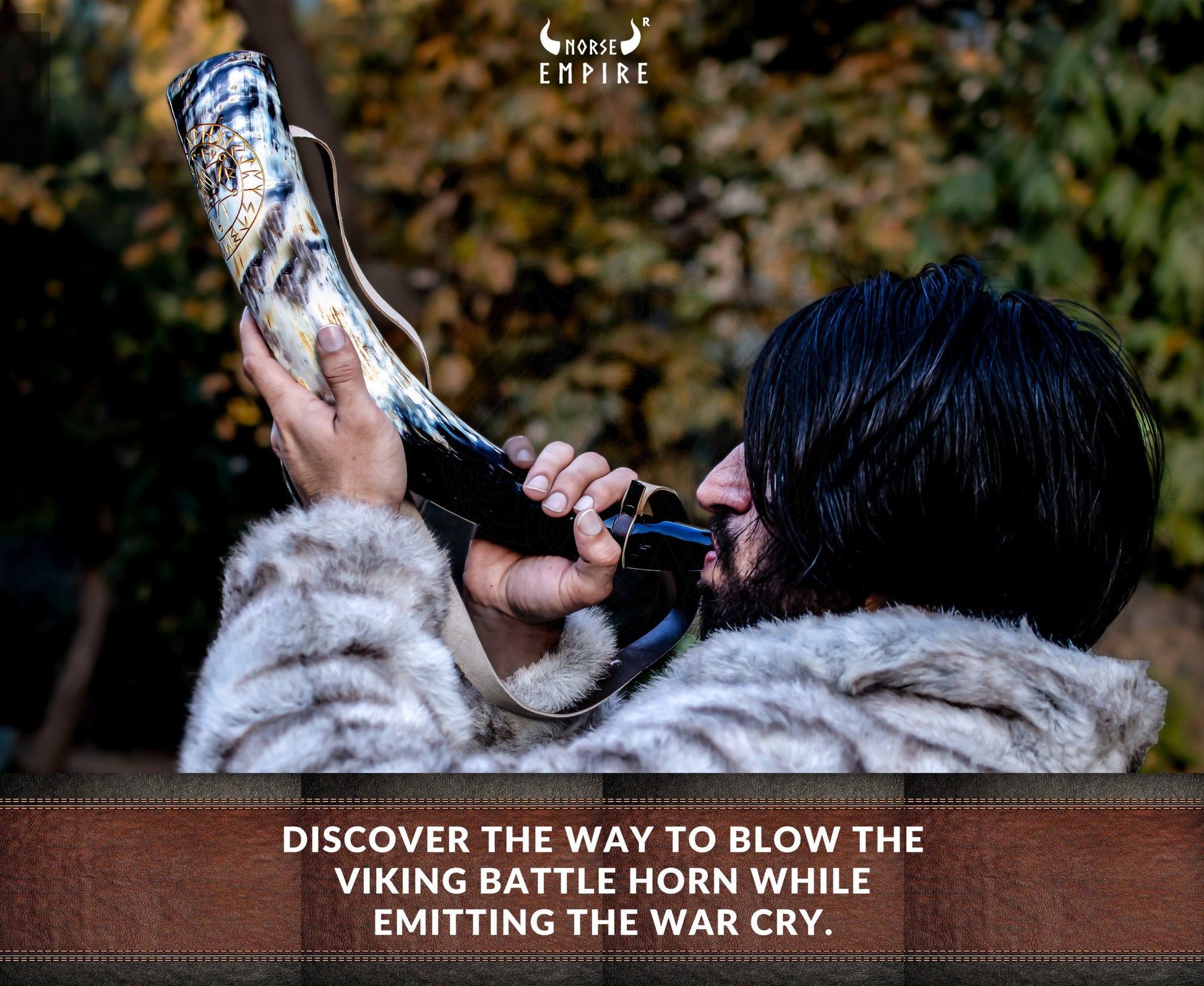 Viking Wolf Weapon Replica - Norse Viking War Horn, Handmade Engraved Wolf Ox Horn, Leather Strap