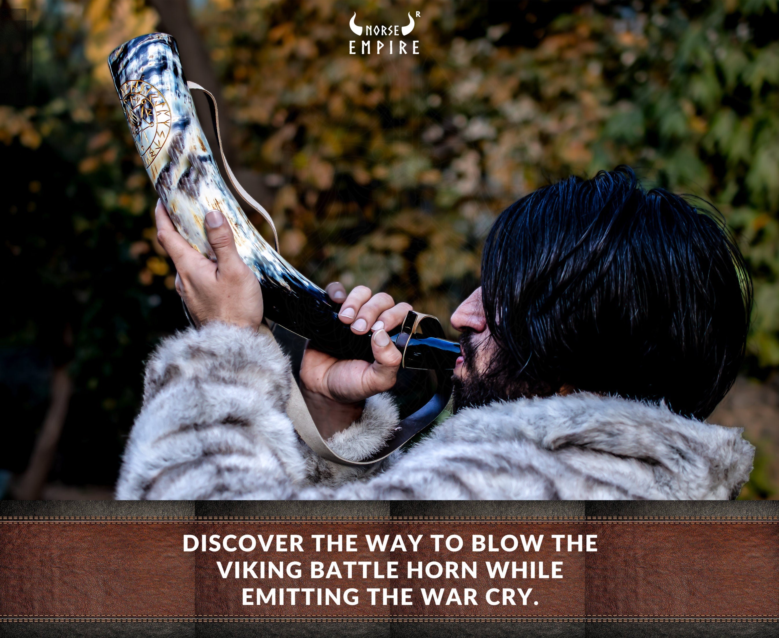 Viking Wolf Weapon Replica - Norse Viking War Horn, Handmade Engraved Wolf Ox Horn, Leather Strap