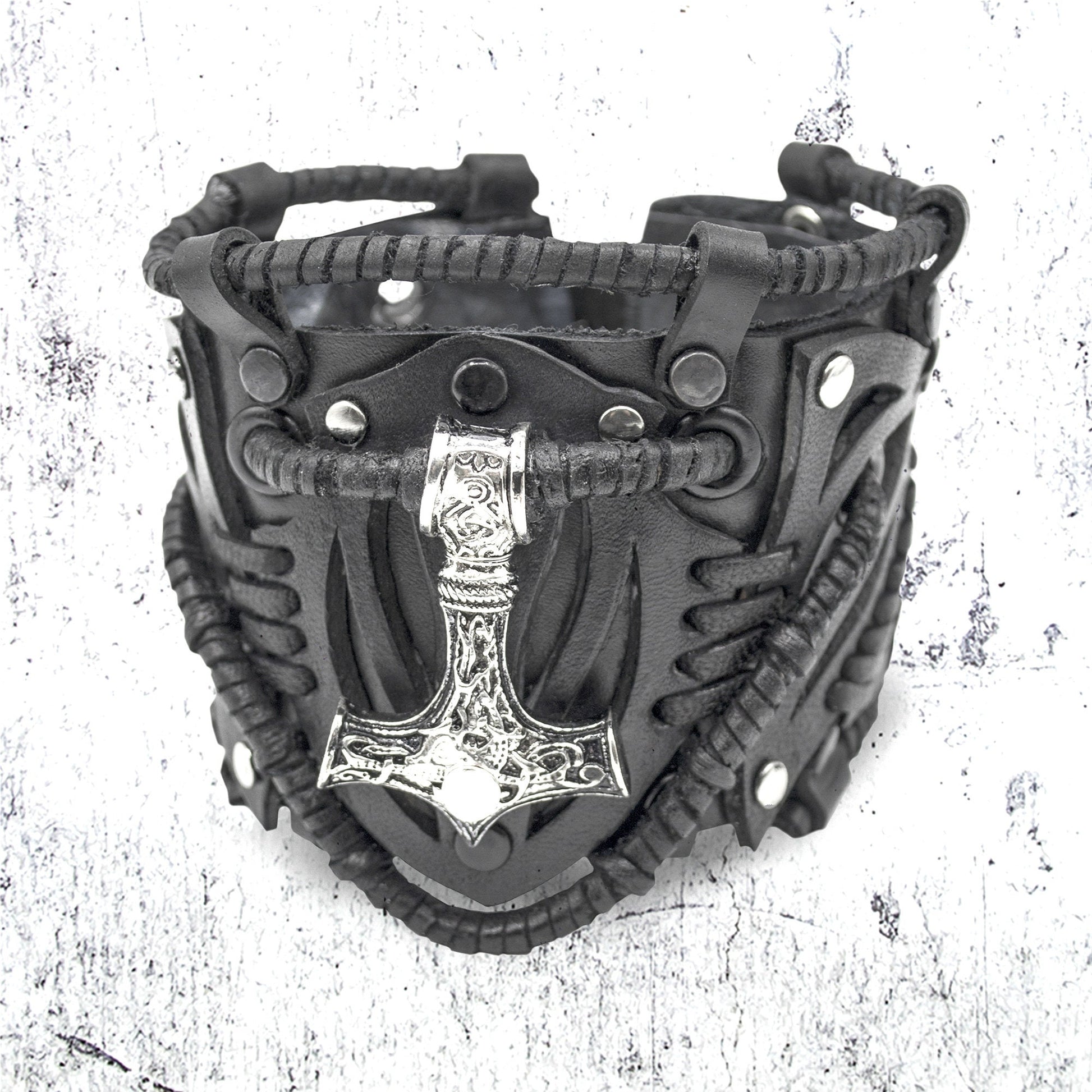 Viking Vegvisir Compass Bracelet - Steampunk Vegvisir Bracelet: Black Leather Viking Style Cuff