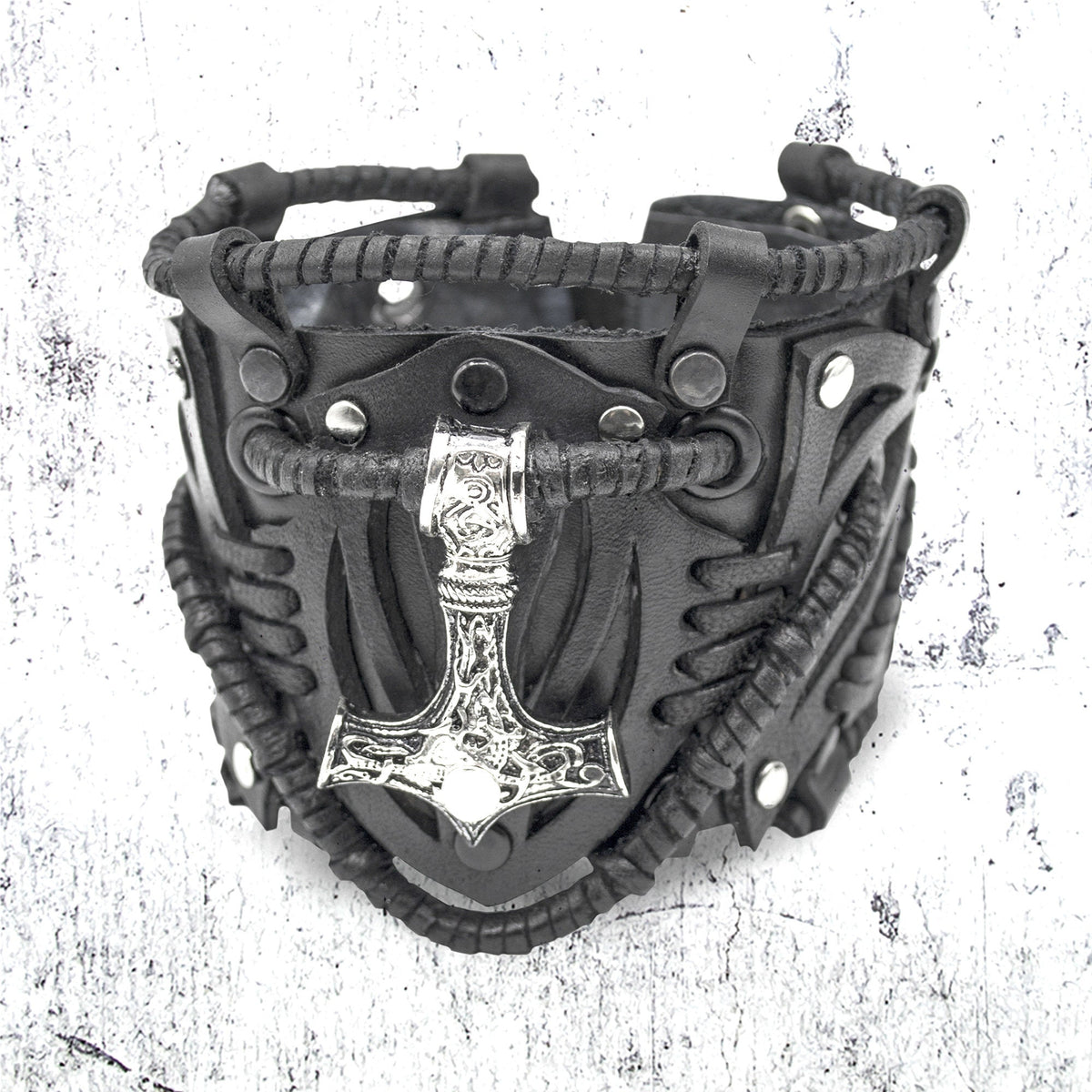 Viking Vegvisir Compass Bracelet - Steampunk Vegvisir Bracelet: Black Leather Viking Style Cuff