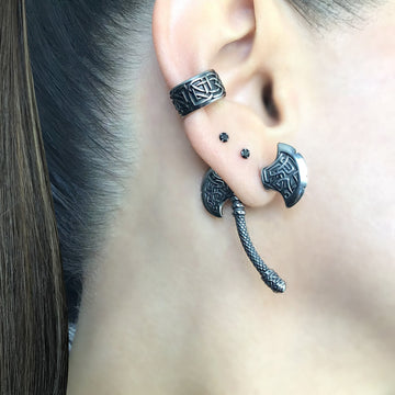 Viking Jewelry Accessory - Double Axe Ear Jacket Earrings, Stainless Steel, Celtic Norse Jewelry
