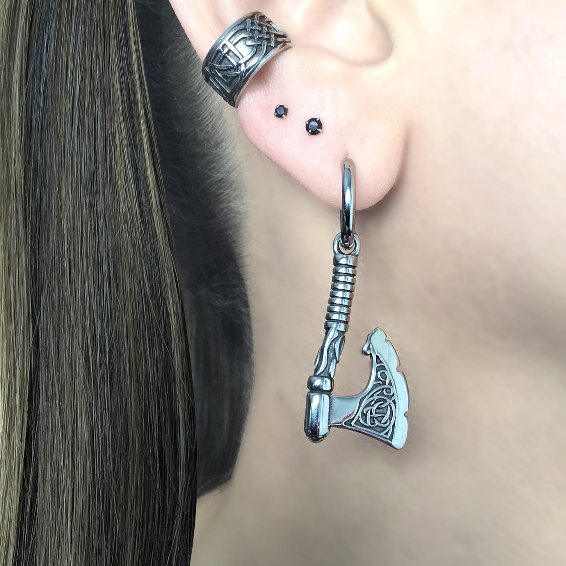 Viking Jewelry Accessory - Double Axe Ear Jacket Earrings, Stainless Steel, Celtic Norse Jewelry