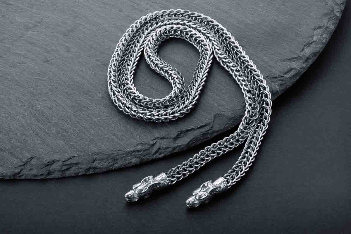 Viking Wolf Necklace - Silver Link Chain - Men's Norse Chain for Necklace with Wolf Heads