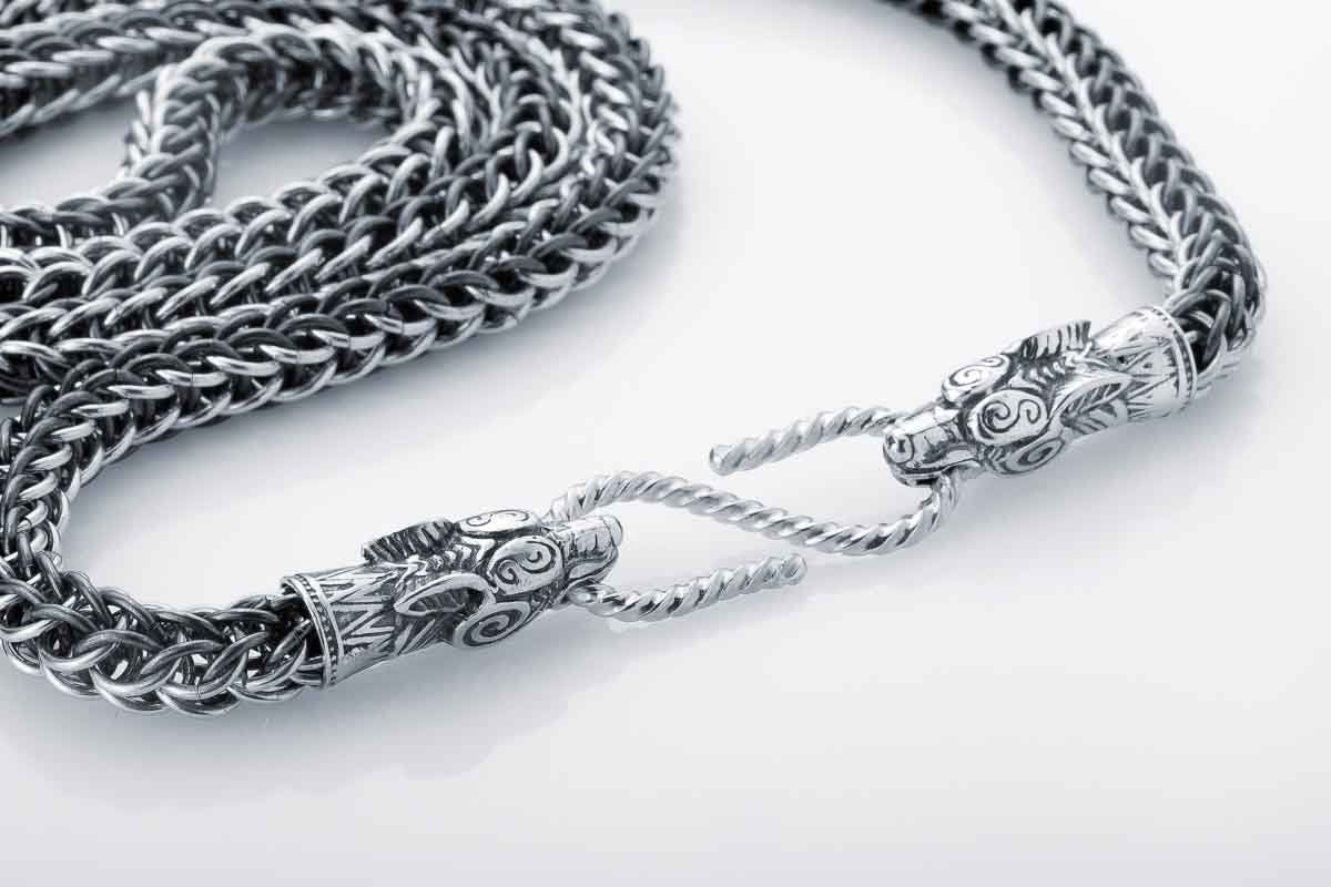Viking Wolf Necklace - Silver Link Chain - Men's Norse Chain for Necklace with Wolf Heads