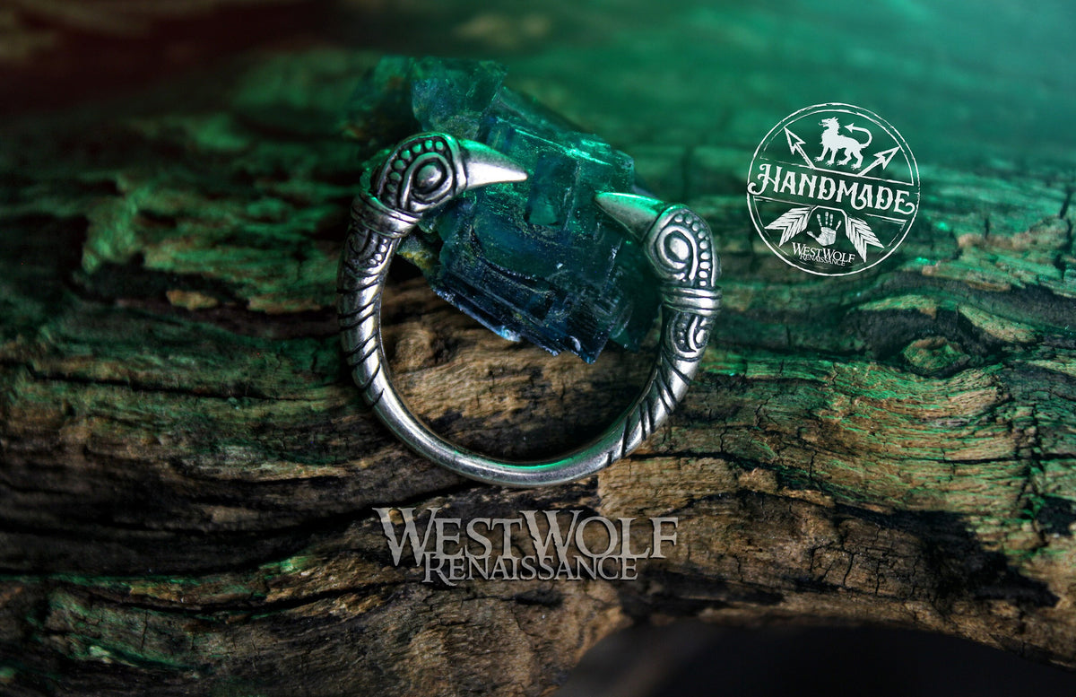 Viking Wolf Ring - Norse Raven Wolf Ring Silver Blue Stone Viking Celtic Knot Band