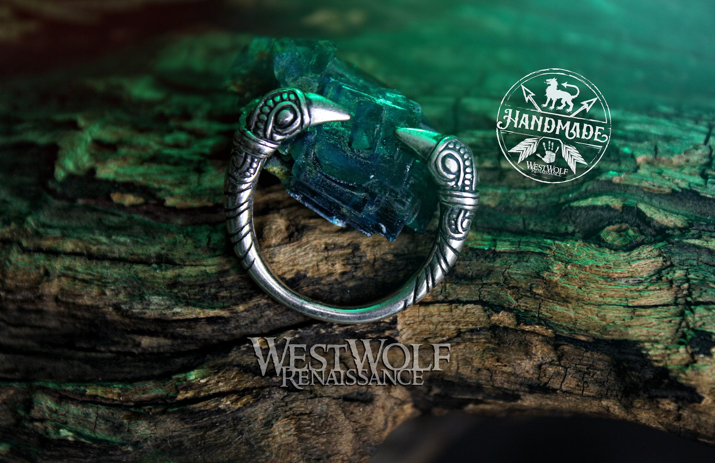 Viking Wolf Ring - Norse Raven Wolf Ring Silver Blue Stone Viking Celtic Knot Band