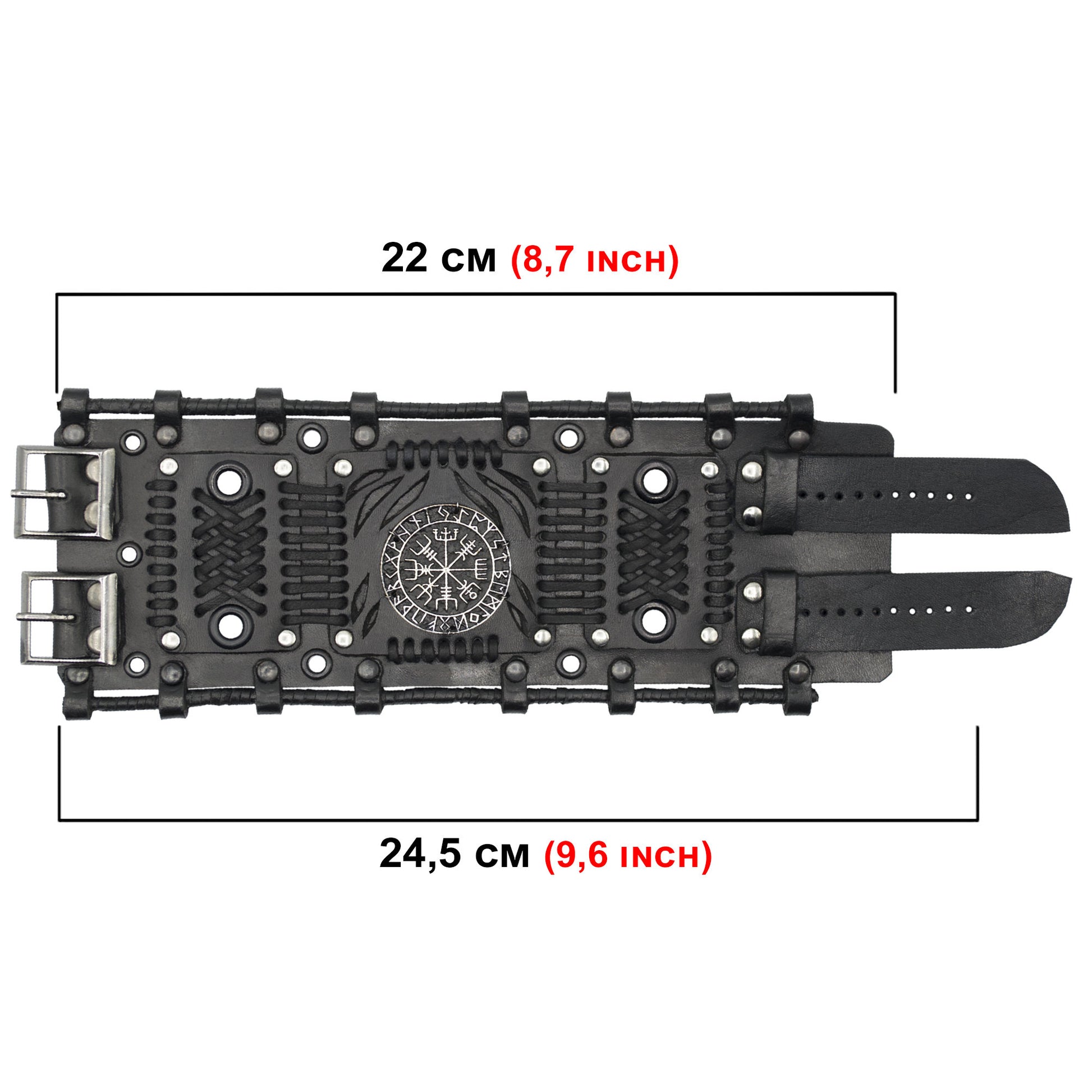 Viking Vegvisir Compass Bracelet - Steampunk Vegvisir Bracelet: Black Leather Viking Style Cuff
