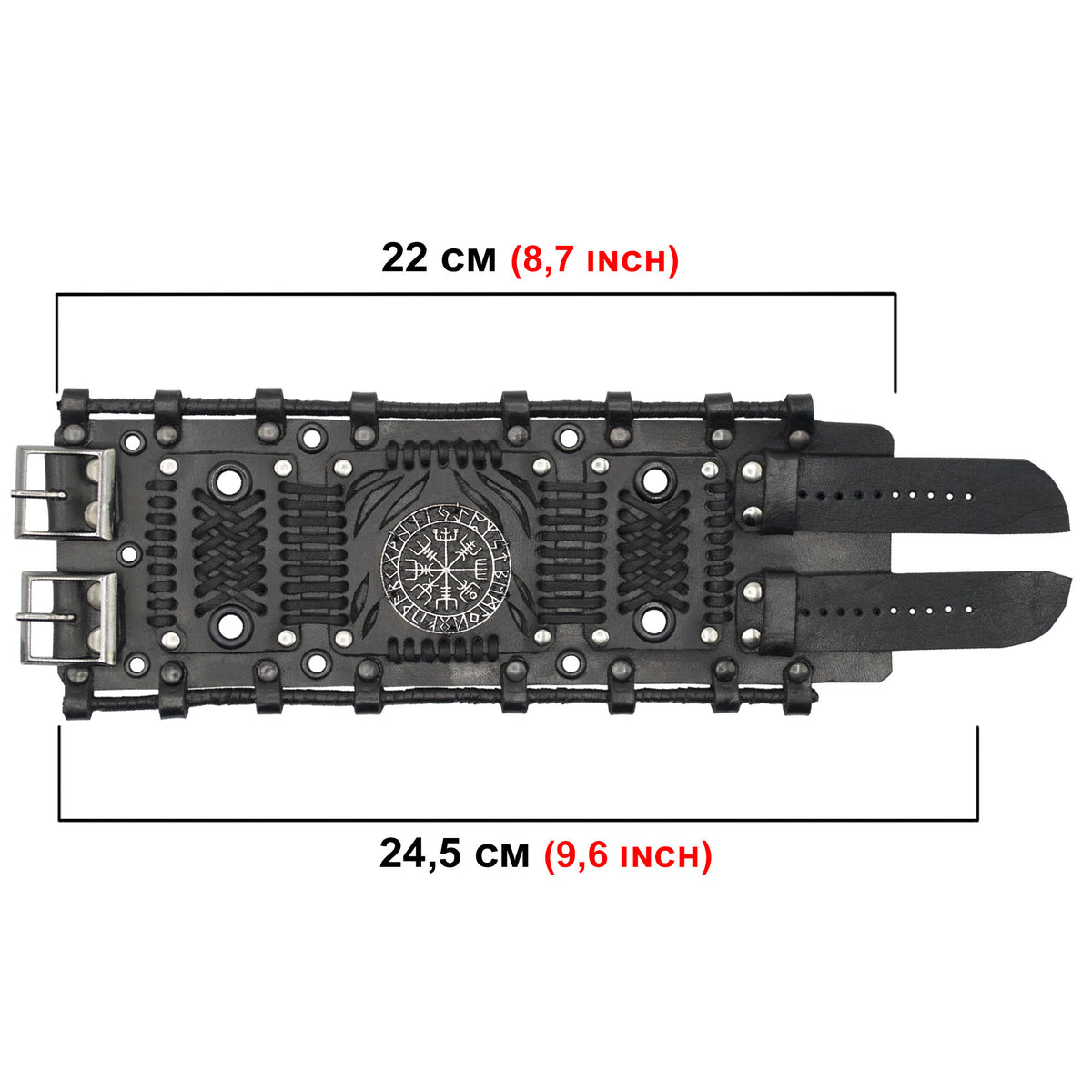 Viking Vegvisir Compass Bracelet - Steampunk Vegvisir Bracelet: Black Leather Viking Style Cuff