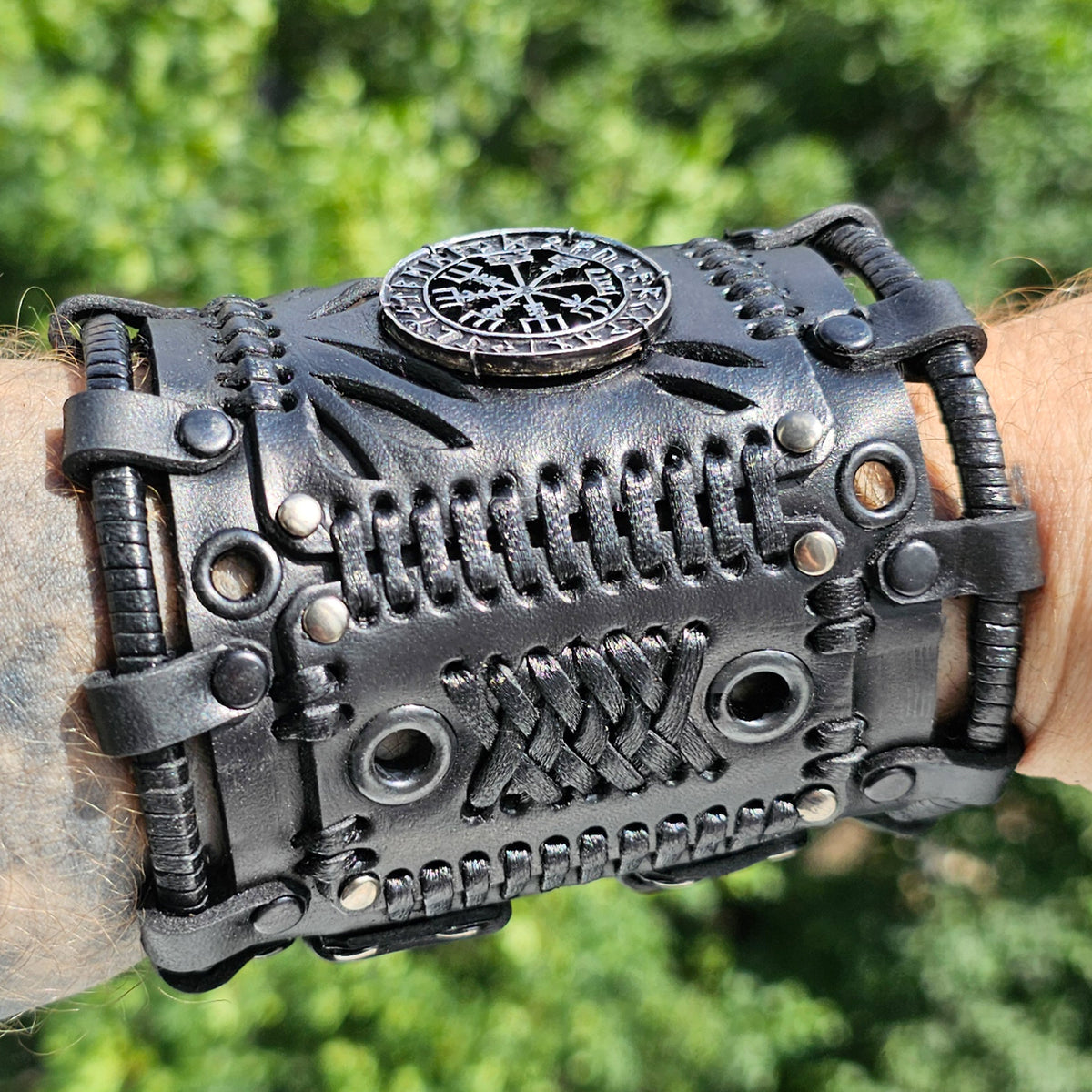 Viking Vegvisir Compass Bracelet - Steampunk Vegvisir Bracelet: Black Leather Viking Style Cuff