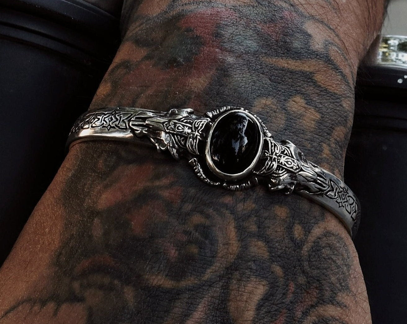 Viking Odin Necklace - Heavy Odin Wolves Viking Bangle Bracelet - 925 Sterling Silver Nordic Amulet
