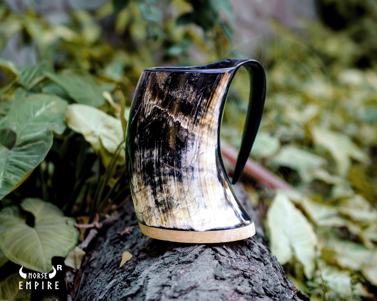 Viking Raven Mug - Authentic Drinking Horn Mug, Engraved Norse Raven Horn Tankard, Viking Mead