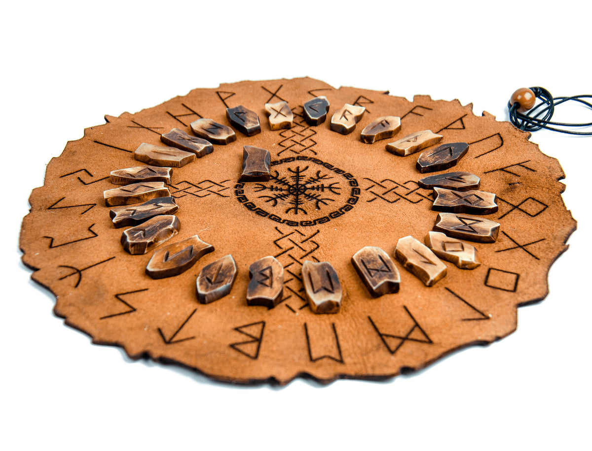 Viking Rune Home Decor - Handcrafted Viking Bone Rune Divination Kit with Leather Mat & Elder