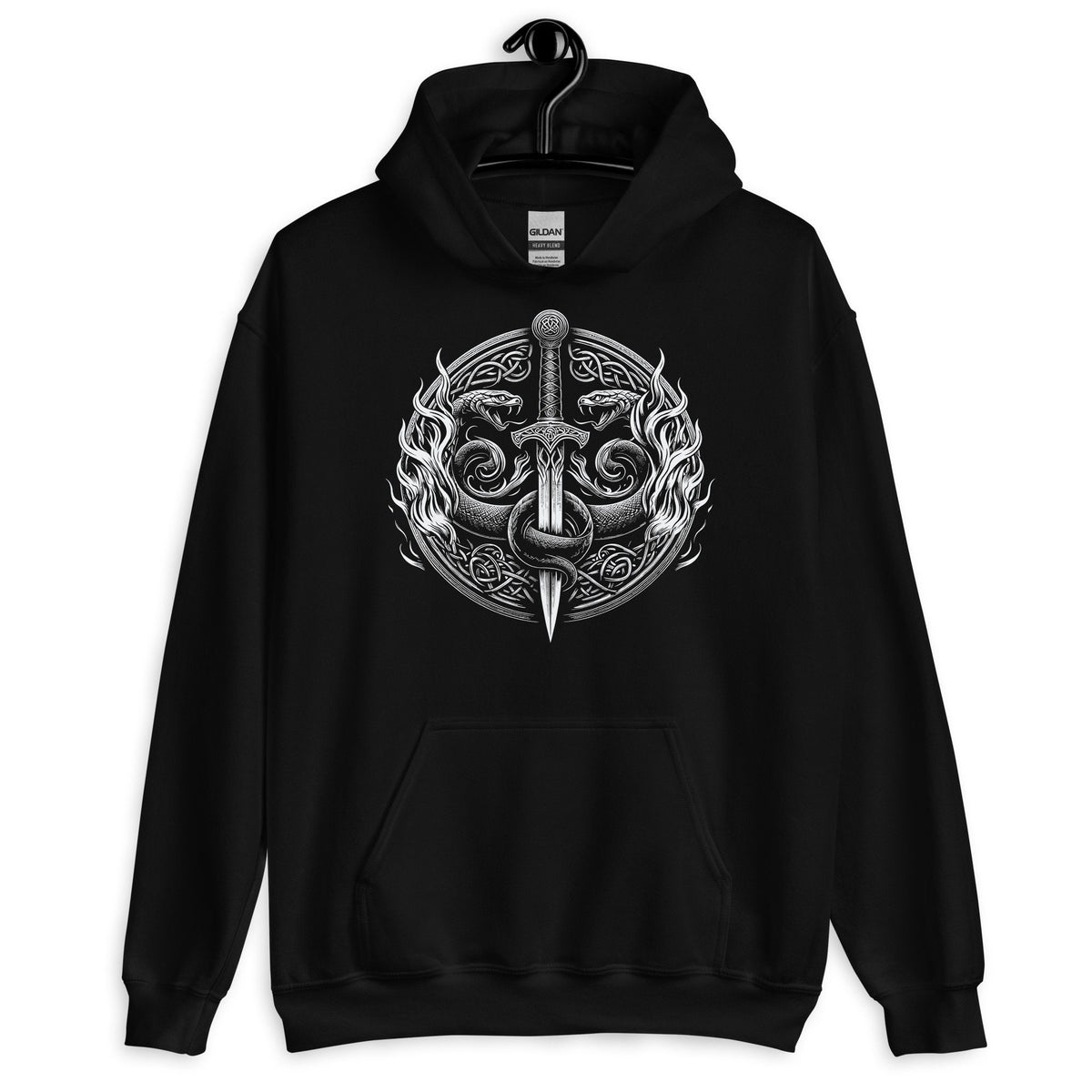 Viking Hoodie - Viking Warrior Hoodie: Flaming Sword & Snakes, Unisex Eco Sweater