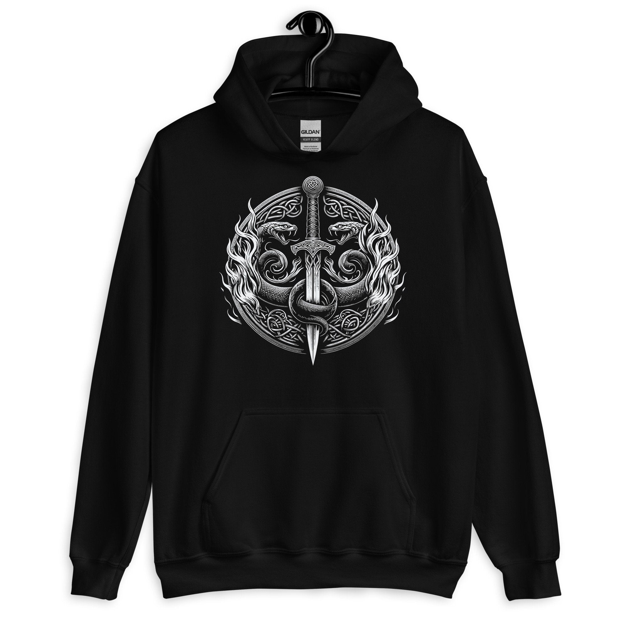 Viking Hoodie - Viking Warrior Hoodie: Flaming Sword & Snakes, Unisex Eco Sweater