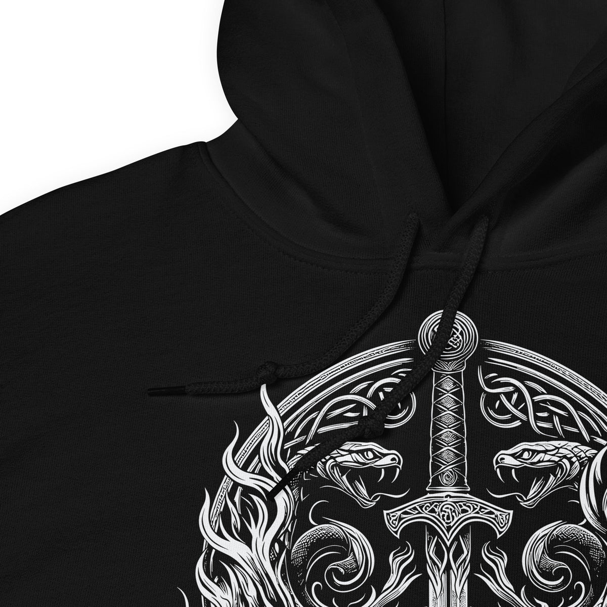 Viking Hoodie - Viking Warrior Hoodie: Flaming Sword & Snakes, Unisex Eco Sweater