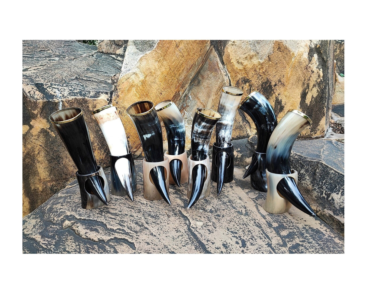 Viking Home Decor - Pack of 8 Handmade Viking Large Horn Mugs, Medieval Tankards, Ale Mead Beer