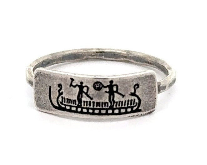 Viking Longship Ring, Oxidized Sterling Silver Band, Ocean Wave Jewelry
