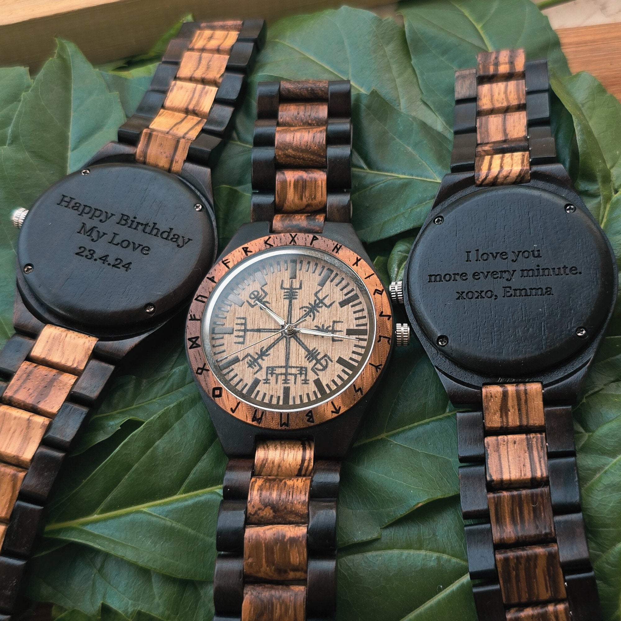Viking Leather Accessory - Viking Compass Watch, Wooden Engraved, Groomsmen Gift, Personalized