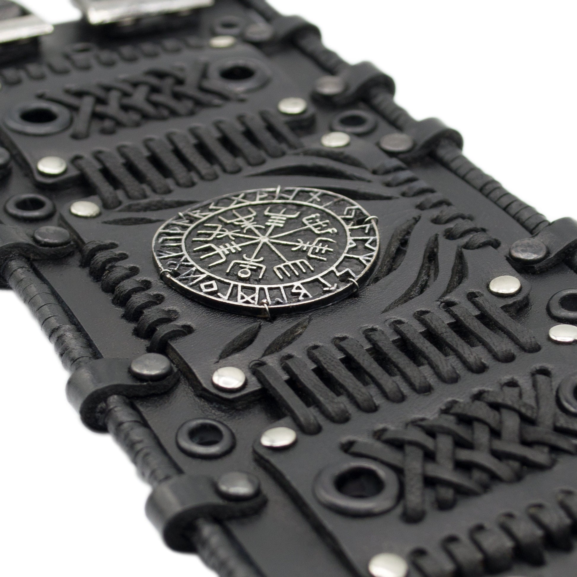 Viking Vegvisir Compass Bracelet - Steampunk Vegvisir Bracelet: Black Leather Viking Style Cuff