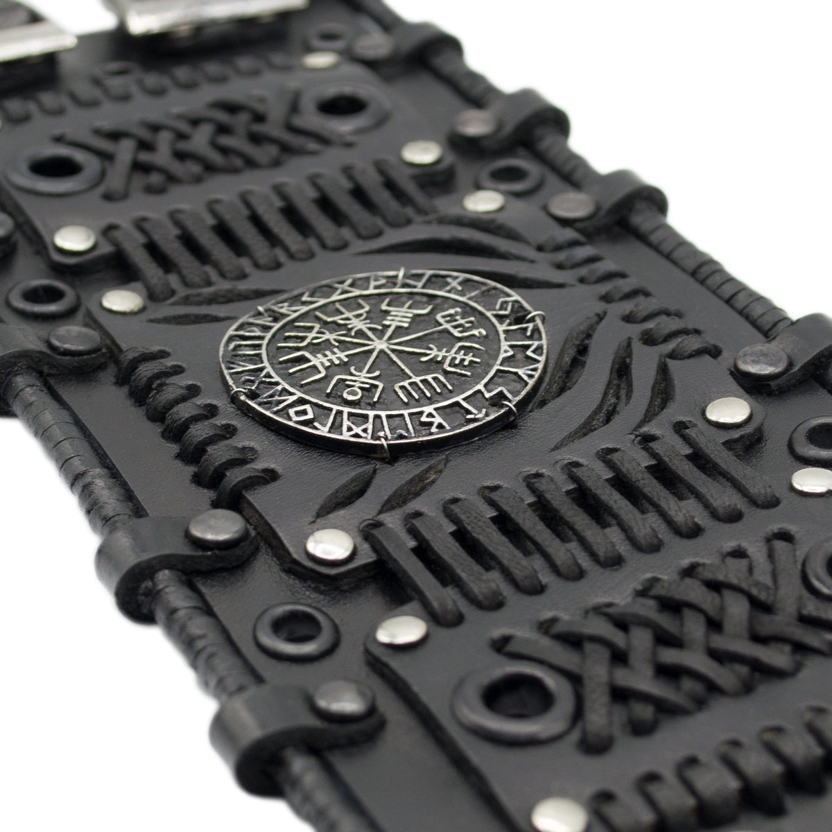 Viking Vegvisir Compass Bracelet - Steampunk Vegvisir Bracelet: Black Leather Viking Style Cuff