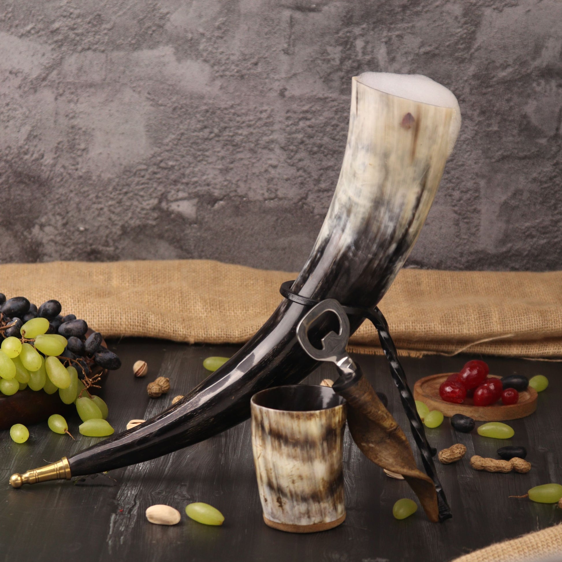 Viking Wolf Weapon Replica - Norse Viking War Horn, Handmade Engraved Wolf Ox Horn, Leather Strap