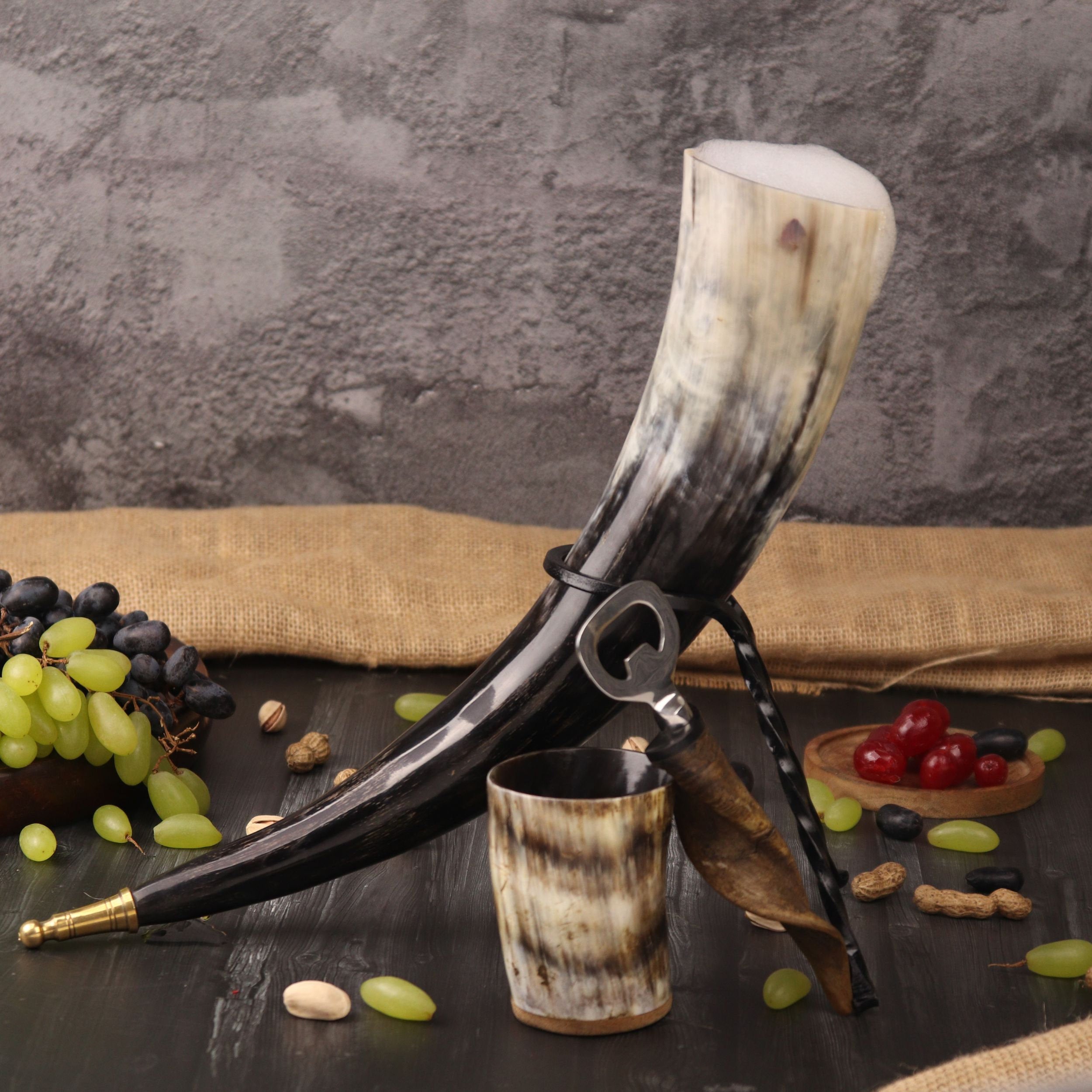 Viking Wolf Weapon Replica - Norse Viking War Horn, Handmade Engraved Wolf Ox Horn, Leather Strap
